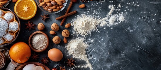 Aufkleber - Bakery ingredients composition Cooking components flour eggs nuts star anise and orange on a dark kitchen table background for cake Top View Copy Space Cookies pie or cake recipe mockup