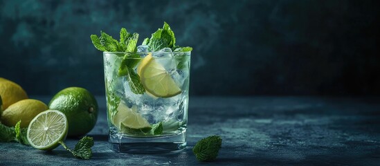 Poster - Mojito cocktail in a tumbler with lime mint and lemon set against a dark concrete background Prepare a mojito. with copy space image. Place for adding text or design