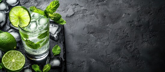 Fototapete - Mojito cocktail featuring lime ice cubes and mint in a glass on a black rustic table Mojito set against a gray stone background. with copy space image. Place for adding text or design