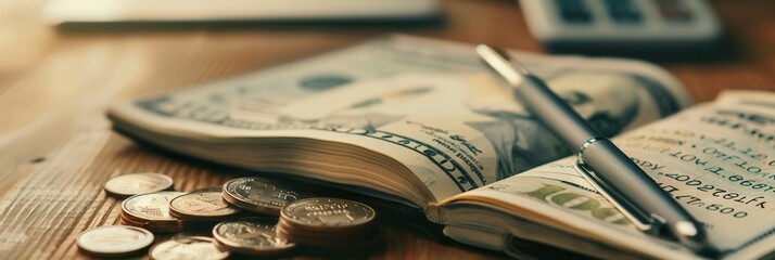 Aufkleber - A stack of cash and coins sit beside an open notebook filled with notes and calculations, indicating a financial planning activity. Generative AI