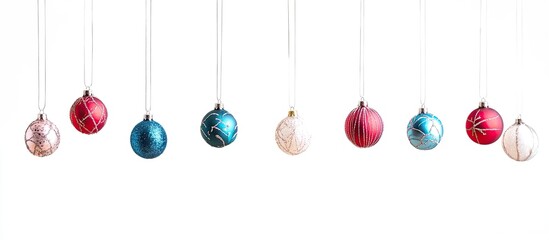 Poster - Colorful Christmas ornaments suspended on a string against a white background with copy space