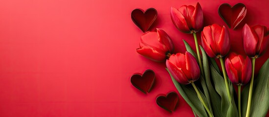 Aufkleber - Red tulip flowers with paper hearts on a pink background Concepts for Valentine s Day Women s Day and Mother s Day. with copy space image. Place for adding text or design