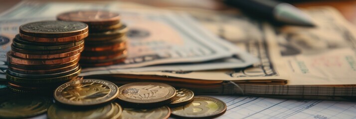Aufkleber - A stack of cash and coins rests beside an open notebook filled with notes and calculations for budgeting and financial planning. Generative AI
