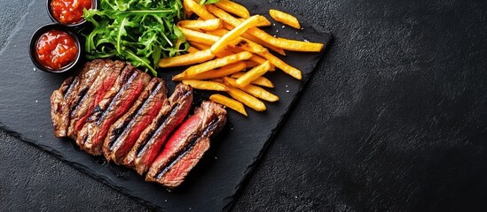 Poster - Sliced flank steak grilled medium rare over charcoal served with fries and salad. with copy space image. Place for adding text or design