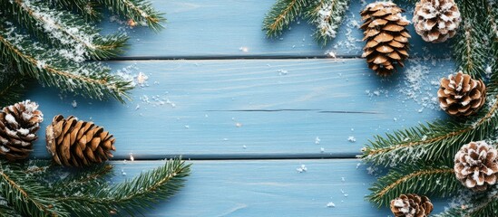 Fototapete - Winter Christmas background featuring fir branches cones and snow on a blue wooden texture. with copy space image. Place for adding text or design