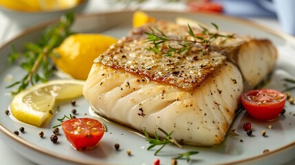 Canvas Print - Take a photo by smart phone of sea bass fillet steak with lemon sauce served with vegetable on plate : Generative AI