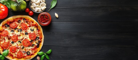 Poster - Ingredients for homemade pizza arranged on a black wooden background top view Italian pizza copyspace