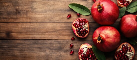 Poster - Still life diet and nutrition theme Fresh and juicy pomegranate on a wooden table Flat lay Top view. with copy space image. Place for adding text or design