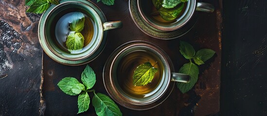 Aufkleber - two mugs of green tea viewed from above. with copy space image. Place for adding text or design