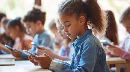 Elementary school pupils using smartphones in classroom