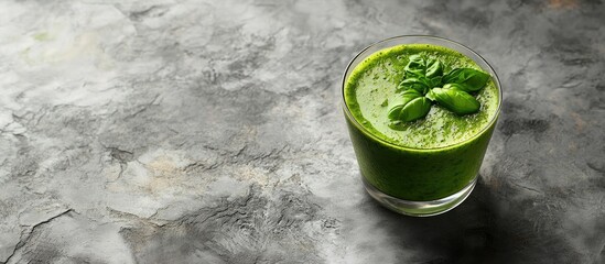 Leinwandbilder - Detox green vegetable juice or smoothie adorned with a fresh basil leaf in a cocktail glass set against a light gray slate stone or concrete background Top view with copy space