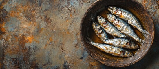 Poster - Sardines in oil a seafood meal or snack placed on the table with copyspace in a rustic top view
