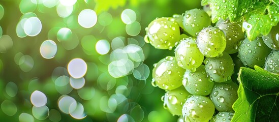 Poster - Abstract background of wet glass featuring raindrops and grape leaves Selective focus on the raindrops. with copy space image. Place for adding text or design