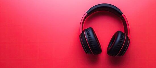 Poster - Wireless black and red headphones on a pink background Top view Copyspace for text