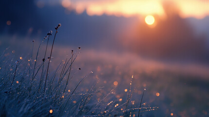 autumn morning with cool mist, dewy grass, soft light, and crisp air, creating a serene atmosphere a