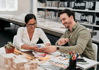 Aufkleber - Woman, man and architecture with color sample at office, teamwork and paint spectrum for decision. People, partnership and review for choice with design, engineering and construction at agency