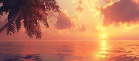 Poster - Copy space featuring the silhouette of a tropical palm tree with sunlight against a sunset sky and abstract clouds Concept of summer vacation and nature travel adventure Color style with a vintage to
