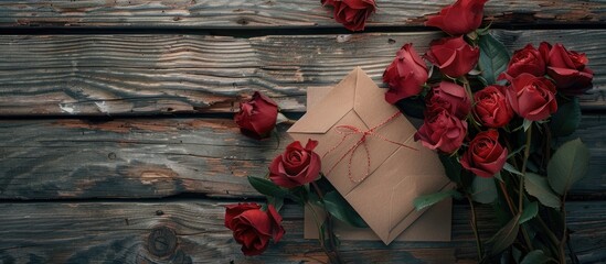 Poster - Box of roses and a card on an aged wooden surface. with copy space image. Place for adding text or design