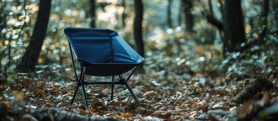 Poster - blue trekking folding chair in the forest. with copy space image. Place for adding text or design