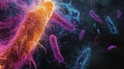 Poster - Colorful bacteria exhibit active movement in a microenvironment, showcasing their motility and interactions within a dark backdrop