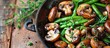 © vxnaghiyev - Frying pan with deliciously cooked mushrooms and green beans on the table. with copy space image. Place for adding text or design