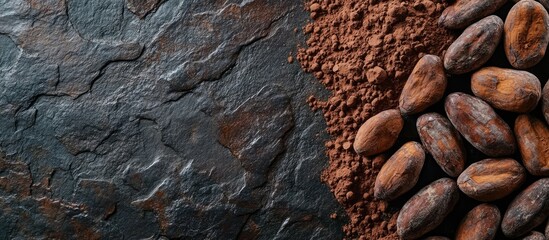 Leinwandbilder - Raw cocoa beans on a dark stone table Fresh cocoa powder and chocolate made from cocoa beans Banner or panorama concept. with copy space image. Place for adding text or design