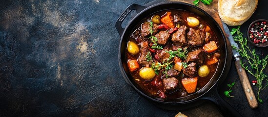 Fototapete - Winter Food concept featuring homemade organic beef stew or bourguignon in a cast iron skillet with copyspace