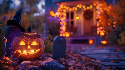 Illuminated Halloween house outdoor decorations with orange and purple garlands witch silhouette pumpkins and grave stones near the house porch : Generative AI