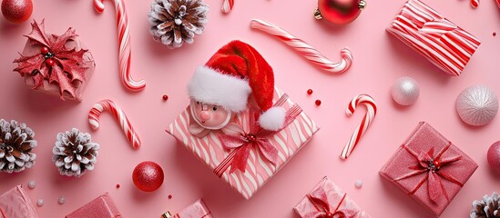 Poster - Christmas theme featuring candy canes a gift box with a bow and a white deer figurine wearing a Santa hat against a pink background Flat lay top view. with copy space image