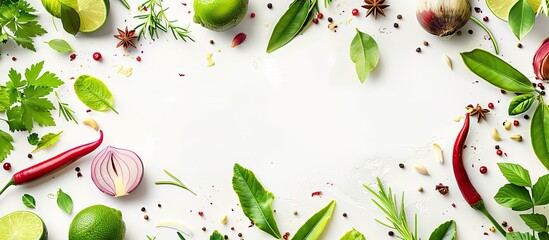Fototapete - Top view of herbs and spices featuring galangal lemongrass chili lime onion and lime leaves on a white background with copy space Food ingredient concept