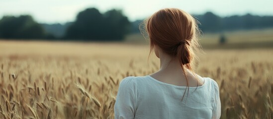 Aufkleber - Young Woman in a Field. with copy space image. Place for adding text or design