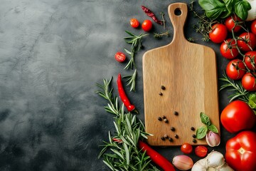 A wooden chopping board surrounded by fresh tomatoes, herbs, and spices, set on a rustic dark background.