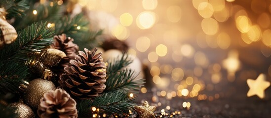 Poster - Christmas decor featuring pine cones and ornamental gifts with a golden star bokeh backdrop. with copy space image. Place for adding text or design