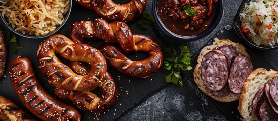 Aufkleber - Traditional German cuisine includes sausage pretzels sauerkraut and beer A top view on a black stone table featuring copy space