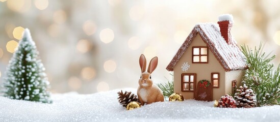 Poster - Christmas toy house with bumps and a rabbit on a white background. with copy space image. Place for adding text or design