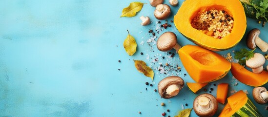 Aufkleber - Ingredients for making Indian curry using vegetables pumpkins and mushrooms on a blue background along with spices Captured from above copy space
