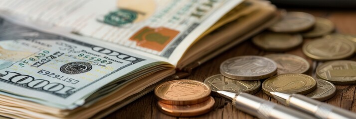 Aufkleber - Cash and coins are arranged next to a notebook filled with notes and calculations, emphasizing careful financial planning and analysis. Generative AI