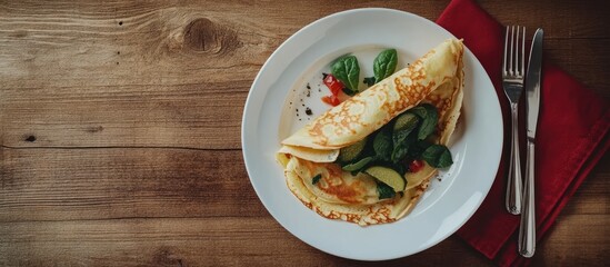 Fototapete - Tasty wrapped crepe with spinach and pickles served on a white plate on a wooden table accompanied by a fork and knife on a red napkin. with copy space image. Place for adding text or design