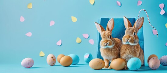 Poster - Easter bunny in a paper bag Blue backdrop Easter concepts Easter eggs Room for text. with copy space image. Place for adding text or design