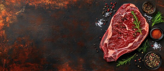 Wall Mural - Raw rib eye beef steak with spices and cooking ingredients on a dark rusty background with copy space and top view