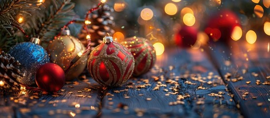 Poster - A stunning Christmas tree adorned with red and golden decorations set against a blue painted wooden background Copy space selective focus flat lay