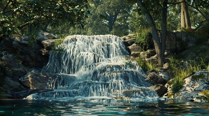 Poster - Tranquil Waterfall in a Lush Forest Illustration