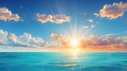 Bright sun over a clear blue ocean, warm and inviting.-