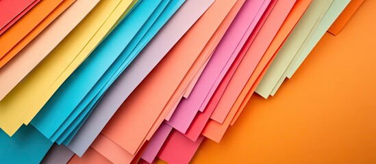Poster - Office an orange copyspace background with numerous cardboard sheets in pastel striped colors This represents the start of the school year and training