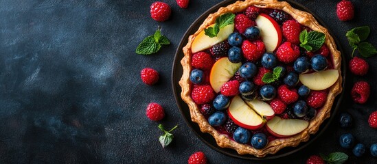 Poster - homemade pastry filled with berries and apple. with copy space image. Place for adding text or design