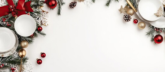 Poster - Festive table arrangement featuring elegant dishware and Christmas decorations on a white background viewed from above Copyspace available