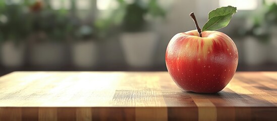 Poster - Close up of a fresh red apple on a wooden cutting board Focused selectively. with copy space image. Place for adding text or design
