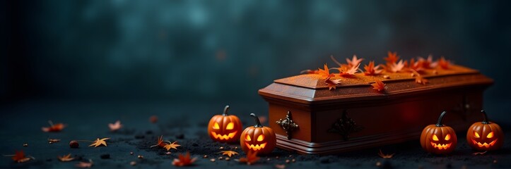 Canvas Print - A wooden coffin surrounded by glowing jack-o'-lanterns and autumn leaves, set in a dark, spooky scene