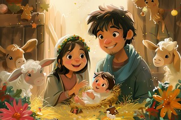 Wall Mural - A joyful minimalist illustration of the nativity, emphasizing essential elements like the manger and the star. The design captures the simplicity and beauty of the scene