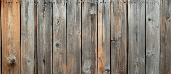 Leinwandbilder - Close up of an aged vintage weathered gray brown unpainted solid wooden fence or gate made of planks and boards Ecological texture with vertical copy space and a sunny crackled background